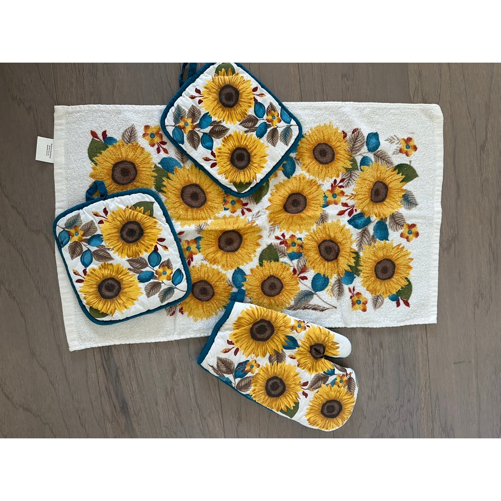 Sunflower Kitchen Towel Hot Pads and Oven Mitt Set